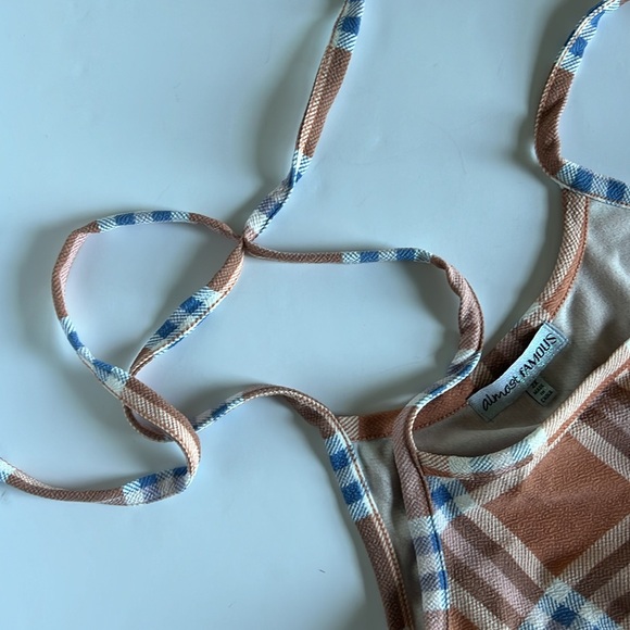 Almost Famous Peach, Cream, Blue Plaid Mini Dress, Spaghetti Straps, Bodycon 2X - Picture 9 of 9